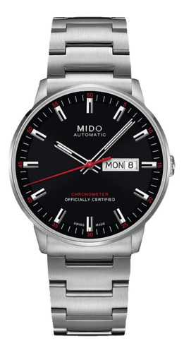 Reloj Pulsera Mido Commander Chronometer M021.431 De Cuerpo Color Gris, Analógico, Fondo Negro, Con Correa De Acero Inoxidable Color Gris, Agujas Color Gris Y Negro Y Rojo, Dial Gris Y Negro, Minutero