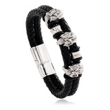 Pulsera Cuero Multicapa Cráneos Brazalete Negro Calaveras