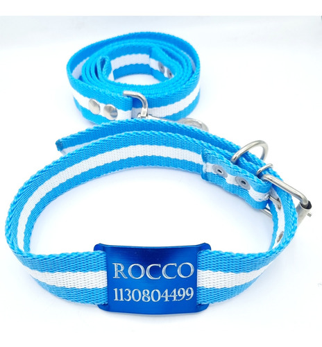 Chapita Perros Pasador Azul 3cm + Collar Y Correa Argentina