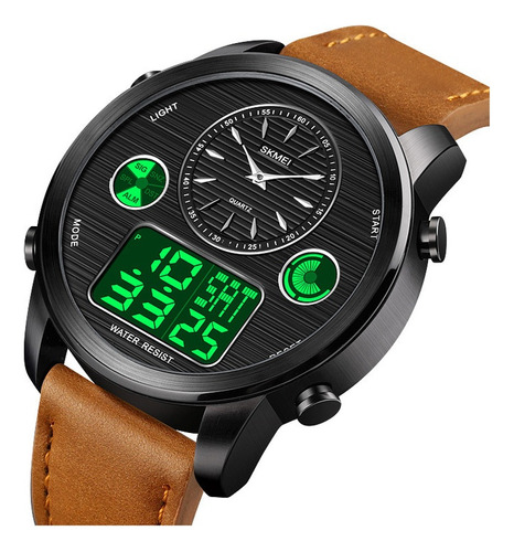 Reloj Grande Skmei 1653 Correa Cuero Hora Mundial Cronómetro Color De La Malla Negro-cafe