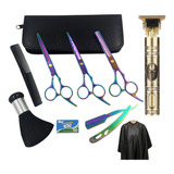 Kit Barbeiro Profissional Completo C Tesouras Barbeador 