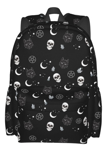 Mochila Gótica Negra Con Diseño De Calavera, Luna Y Gato, Mo