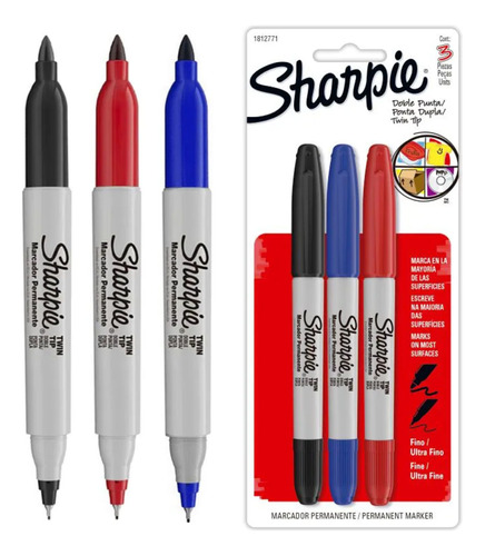 Caneta Marcador Permanente Sharpie Twin Pen Ponta Dupla C/ 3