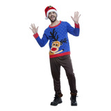 Suéter Navideño Reno Navidad Ugly Sweater Azul  - Talla S-m