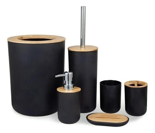 Set Baño Plastico Bambu X6 Cesto Dispenser Escobilla Jabon Color Negro