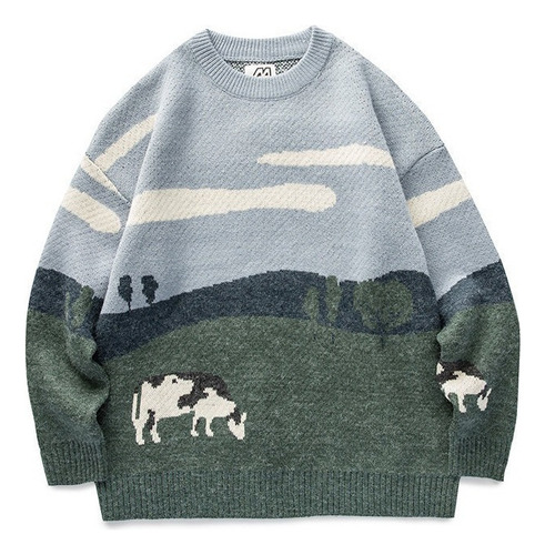 Literary Style Cow Knitted Sweater Pattern Trend Fashion .