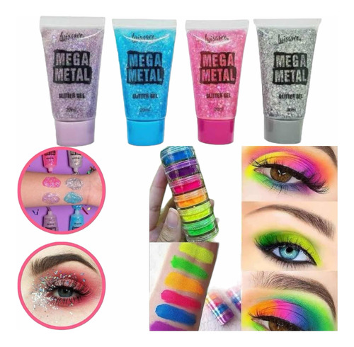 Glitter Gel Mega Metal + Sombra Neon Carnaval Corpo E Face