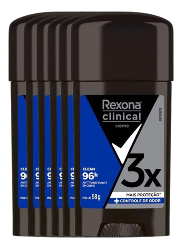 Kit 6 Desodorante Rexona Clinical Creme Clean 58g