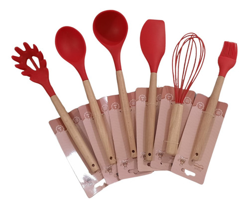 Jogo De Cozinha Kit C/ 6 Peças De Silicone Cabo De Madeira 