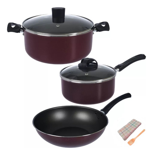 Olla Cacerola + Wok Sarten Domo Con Tapa Vidrio Linea Black 