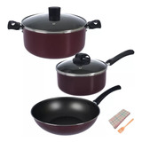 Olla Cacerola + Wok Sarten Domo Con Tapa Vidrio Linea Black 