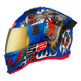 Capacete Fechado Moto Protork Stealth Dragon Viseira Dourada Cor Azul Tamanho Do Capacete 56