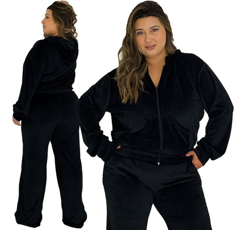 Conjunto Plush Plus Size Inverno Frio Veludo Com Capuz Ziper