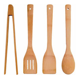 Set 4 Utensilios Bambu Pinza 2 Espatulas Y Cuchara