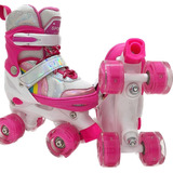 Patins Quad Lindo Rosa Tam./ajustável+kit Proteção Rodas Led