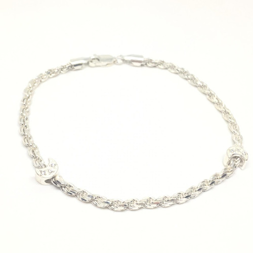 Pulsera Gruesa Dos Dijes Luna Con Cubic Plata 925