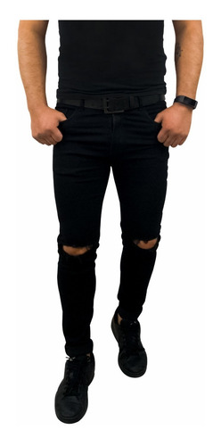 Pantalón Skinny Stretch Con Destrucción En Rodillas Negro