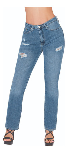 Jeans Casual Dama Corte Recto Tiro Medio Azul 589-55