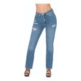 Jeans Casual Dama Corte Recto Tiro Medio Azul 589-55