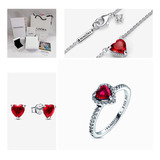 Set Pandora Anillo + Collar + Aretes Corazón Rojo Amor S925