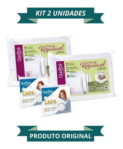 Kit Com 2 Travesseiros Látex - Altura Regulável Antiácaro Duoflex + 2 Capas Protetora  50x70