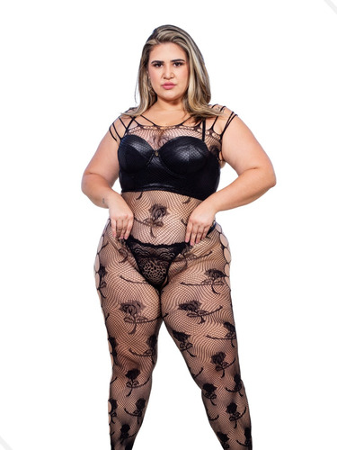 Macacão Plus Size Arrastão Com Tiras Detalhado Em Renda