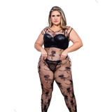 Macacão Plus Size Arrastão Com Tiras Detalhado Em Renda