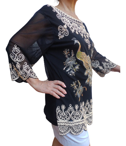 Blusa Negra Bordada Con Lentejuelas + Apliques, Preciosa !!!