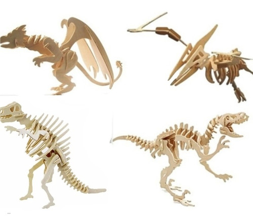 Set De 4 Rompecabezas Dinosaurios 3d Madera Jurasico