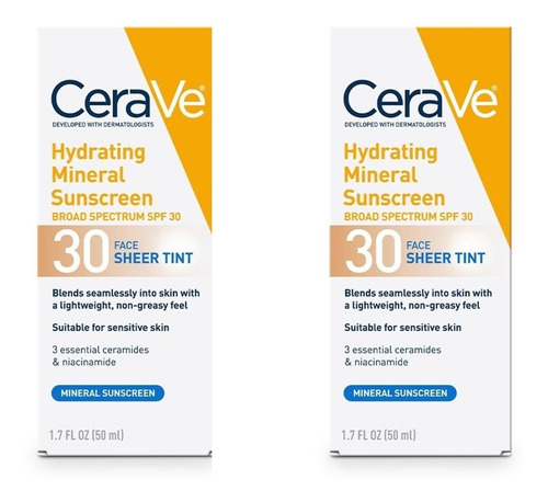 Protector Solar Mineral Hidratante Cerave Color 30fps 2 Pzas