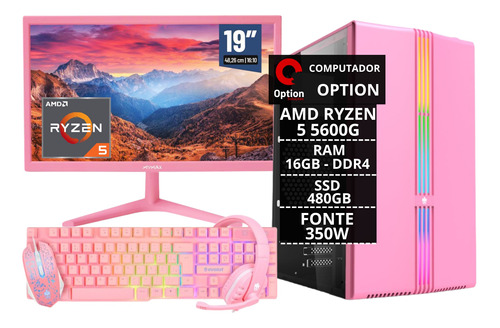 Pc Gamer Rosa Completo Ryzen 5 5600g Vega 7 Ssd 480gb 16gb