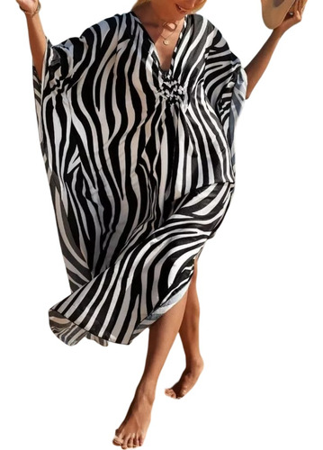 Vestido Saída Praia Longa Estampada Animal Zebra Plus Size