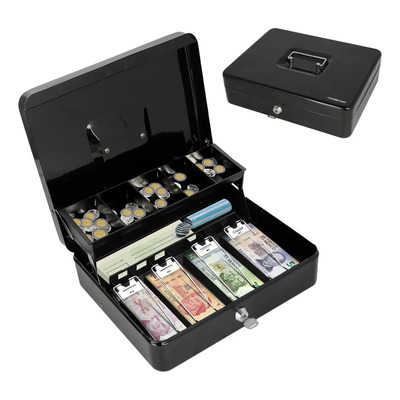 Caja Metálica de Seguridad para Dinero, Joyas con 2 Llaves y Cerradura, Caja Fuerte Pequeña con 4 Charolas para Billetes y 5 Depósitos para Monedas, Caja para Almacenamiento de Efectivo | Meses sin interés