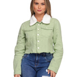 Jaqueta Jeans Verde Pelinhos Pelúcia Moda Blogueira Feminina