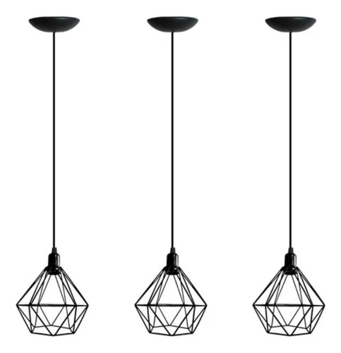 3 Luminárias Lustre Diamante Preto Decorativo Pendurar Teto