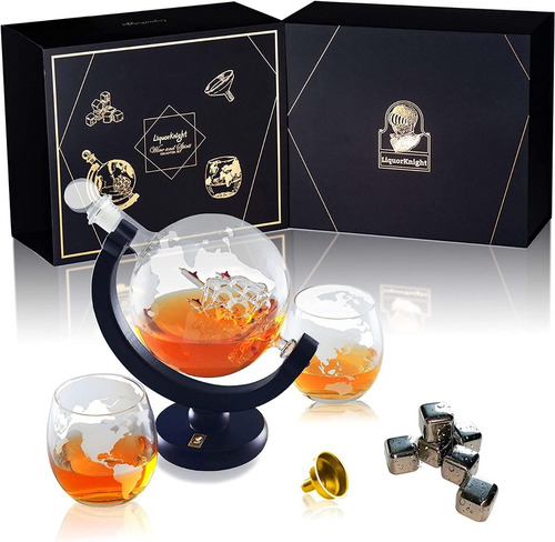 Decantador Whisky 2 Copas Mapa Mundi Barco Juego Vasos Base