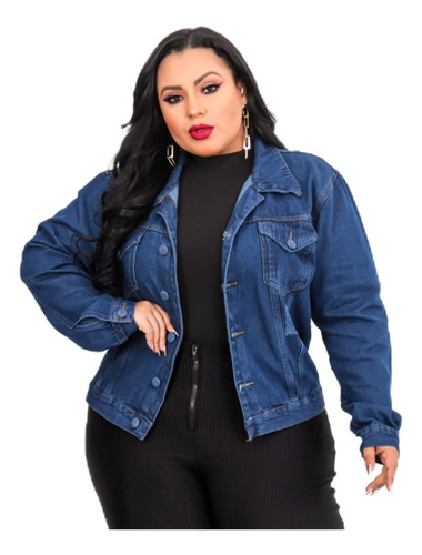 Jaqueta Jeans Feminina Plus Size Botão Forrado Manga Longa