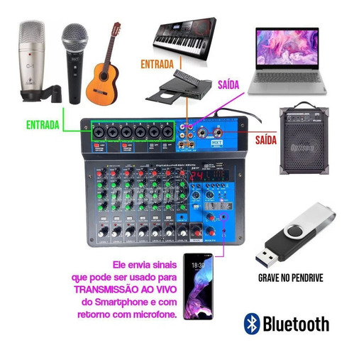 Mesa De Som 8 Canais Interface 24 Efeitos Bluetooth Mxt 8t