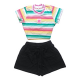 Conjunto Menina  Blusa Cropped  E Short Moda Blogueirinha