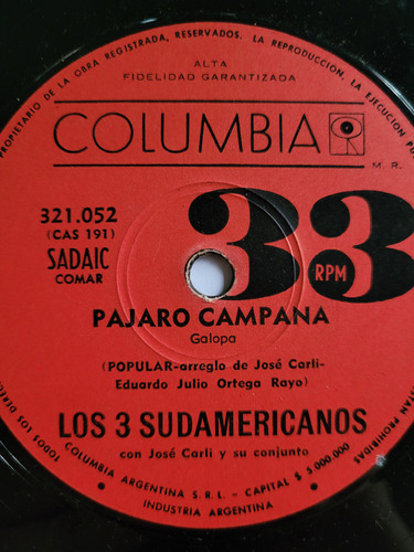 Los 3 Sudamericanos Pajaro Campana Galopera Vinilo Simple