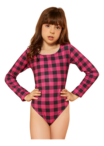 Body Infantil Menina Manga Longa Uv Xadrez Rosa