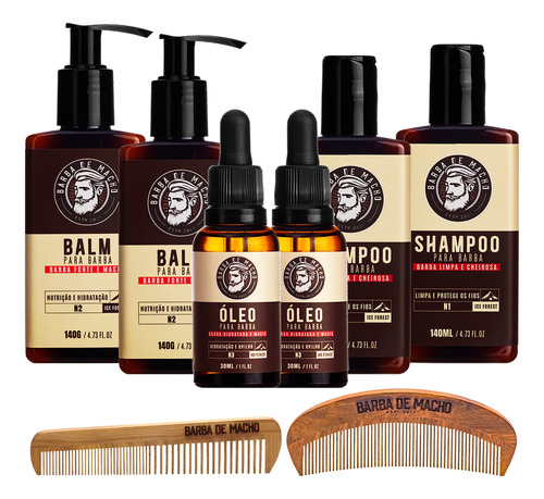 Kit Duplo Barba 2 Shampoo 2 Balm 2 Oleo E 2 Pentes Madeira