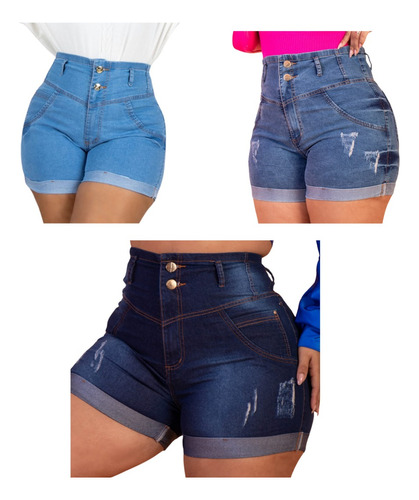 Kit 3 Short Jeans Plus Size Feminino Cintura Alta Sem Cinto