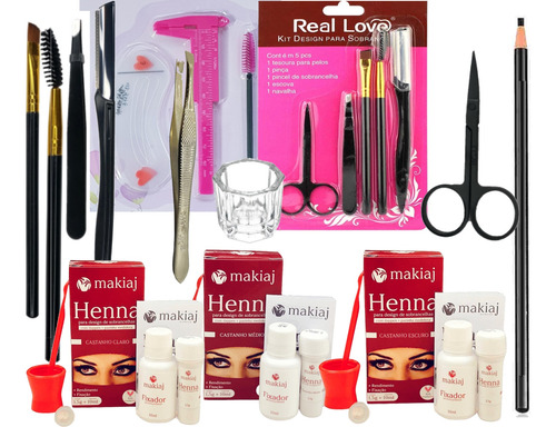 Kit Desinger Henna Makiaj Sobrancelha Macrilan 2 Pinça Lapis