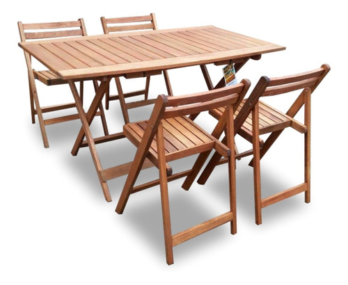 Mesa De Madera Eucaliptus + 4 Sillas Plegable Exterior