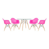 Kit Mesa Eames Wood 100 Cm Tampo Vidro 4 Cadeiras Eiffel Daw Cor Rosa-pink