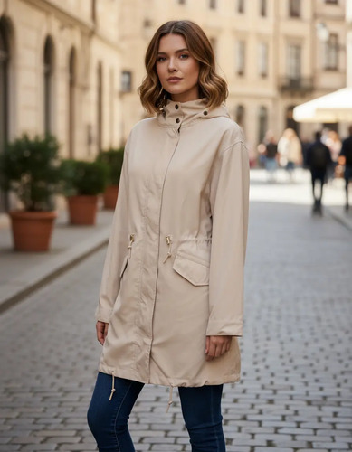 Gabardina Larga Con Bolsas Capucha Ligera Super Suave Lazos | Meses sin interés