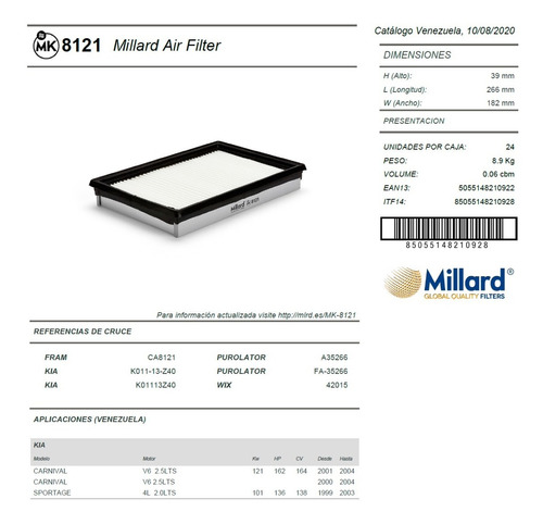 Filtro Aire Millard Mk8121 Kia Sportage Karnival 42015 Foto 3