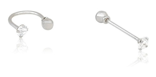 2x Piercing Tragus Reto E Ferradura - Prata 925 - Zircônia