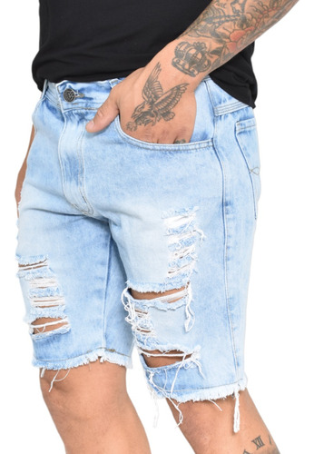 Shorts Jeans Masculino Bermuda Sarja Azul Medio Destroyed 